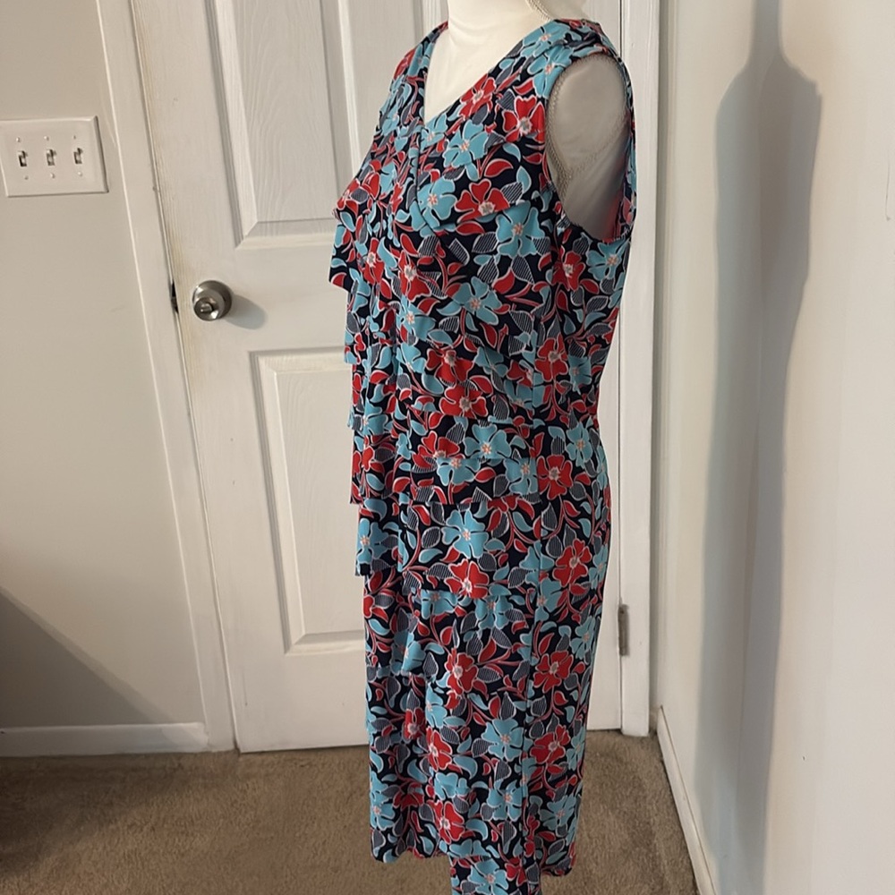 Floral Midi Dress Blue Red V Neck Sleeveless A-Line Size 8 Summer - Picture 7 of 9
